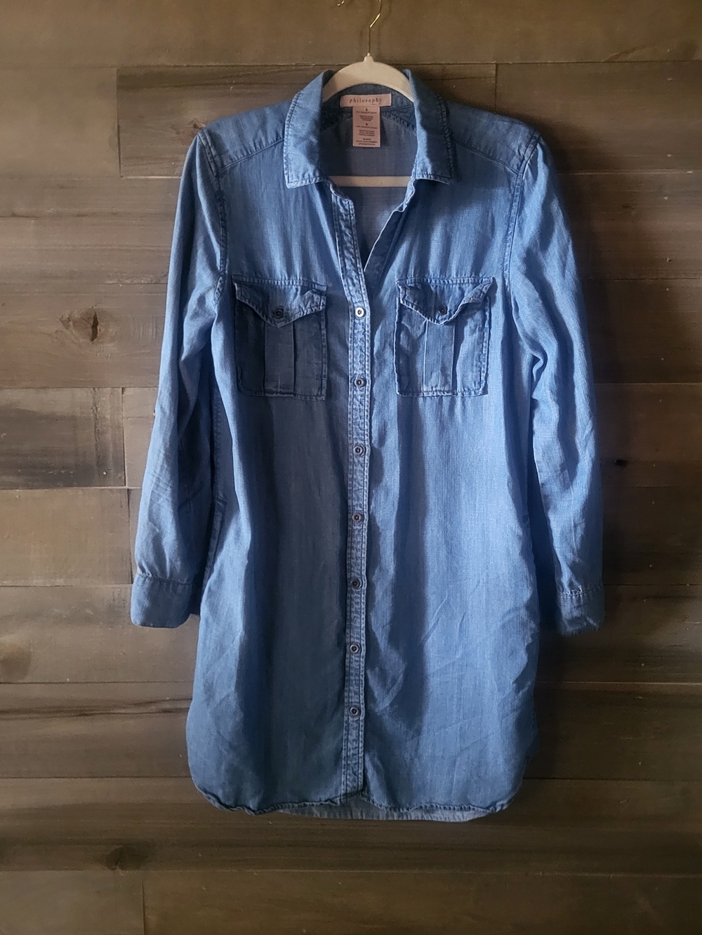 Philosophy Blue Chambray Denim Button Down Shirt Dress Tunic S Fall Layering